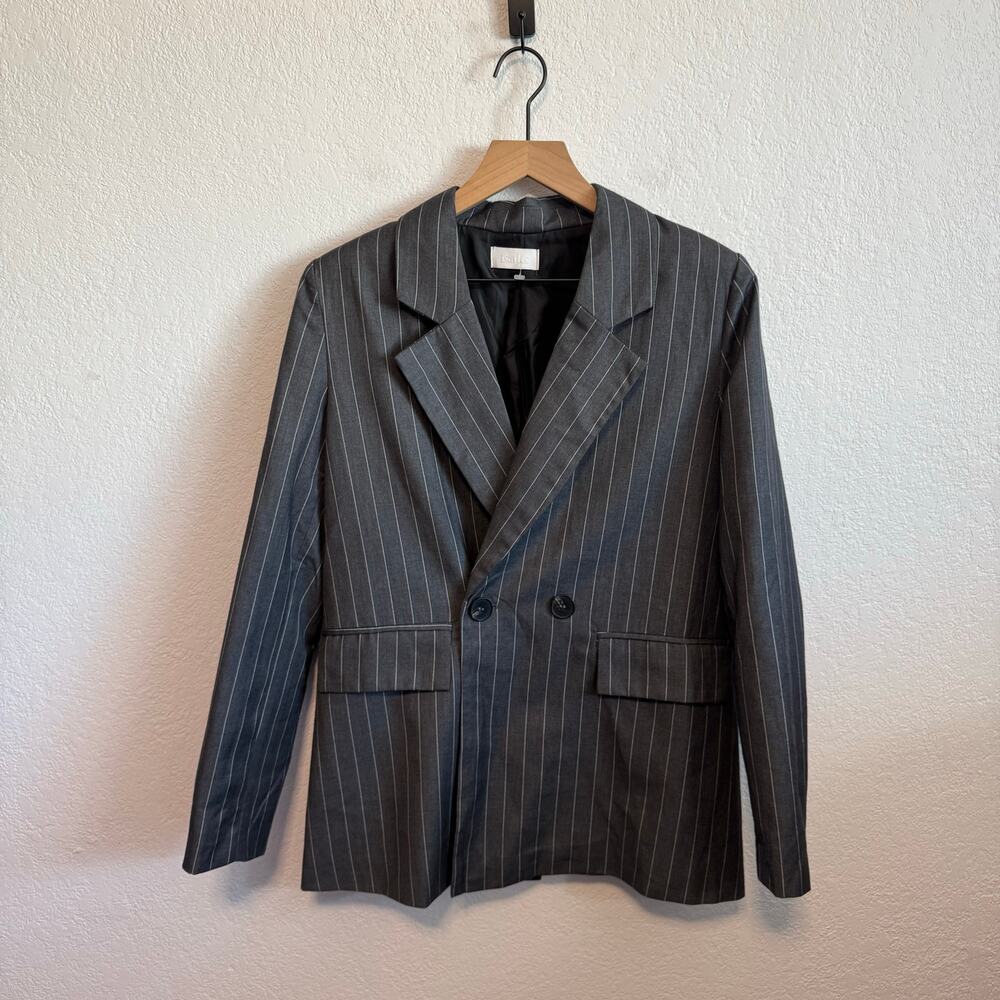 Isalis Women's Pinstripe Notch Lapel Long Sleeve Suit Blazer Jacket Gray Small